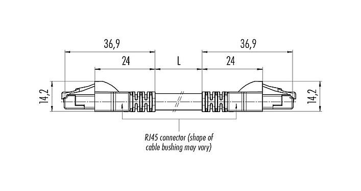 Scale drawing 77 9753 9753 14708-0500 - RJ45/RJ45 Connecting cable 2 RJ45 connector, Contacts: 8, shielded, crimping, IP20, Ethernet CAT6a, TPE, green, 4 x 2 x AWG 24, 5 m