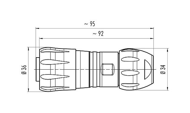 Dibujo a escala 99 6490 000 05 - Bayoneta Conector de cable hembra, Número de contactos: 4+PE, 7,0-17,0 mm, sin blindaje, crimpado (los contactos de crimpado deben pedirse por separado), IP68/IP69K, UL, VDE