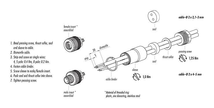 Assembly instructions 99 0429 142 04 - M12 Male cable duo connector, Contacts: 4, 2x cable Ø 2.1-3.0 mm or Ø 4.0-5.0 mm, unshielded, screw clamp, IP67, UL