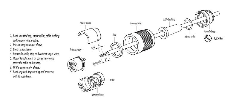 Instrucción de montaje 09 0468 00 12 - Bayoneta Conector de cable hembra, Número de contactos: 12, 5,0-8,0 mm, blindable, soldadura, IP40