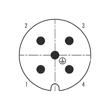 Disposición de los contactos (lado de la conexión) 99 0709 72 05 - RD30 Conector macho en ángulo, Número de contactos: 4+PE, 12,0-14,0 mm, sin blindaje, tornillo extraíble, IP65, ESTI+, VDE