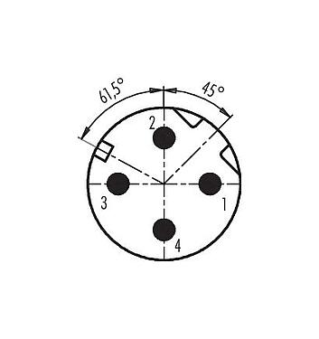 Disposición de los contactos (lado de la conexión) 99 3721 820 04 - M12 Conector macho en ángulo, Número de contactos: 4, 5,0-8,0 mm, blindable, crimpado (los contactos de crimpado deben pedirse por separado), IP67