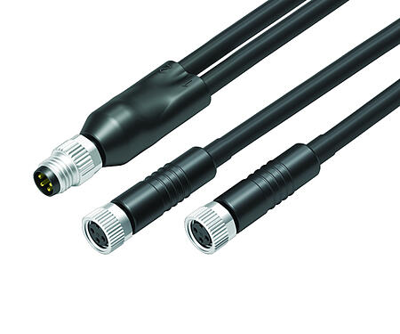 Ilustración 77 9805 3406 50003-0100 - M8 Conector dúo macho  - 2 conector de cable hembra M8x1, Número de contactos: 4/3, sin blindaje, moldeado en el cable, IP67, PUR, negro, 3 x 0,34 mm², 1 m
