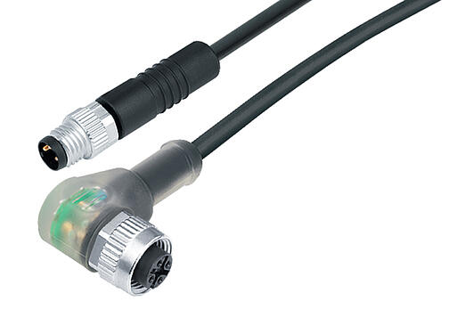 Ilustración 77 3634 3405 50003-0200 - M8 Conector de cable macho - conector hembra en ángulo M12x1, Número de contactos: 3, sin blindaje, moldeado en el cable, IP67, PUR, negro, 3 x 0,25 mm², con LED PNP, 2 m