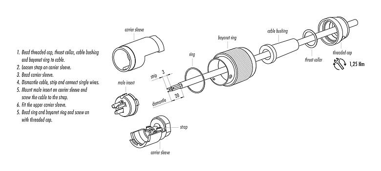 Instrucción de montaje 09 0063 00 07 - Bayoneta Conector de cable macho, Número de contactos: 7, 5,0-8,0 mm, blindable, soldadura, IP40