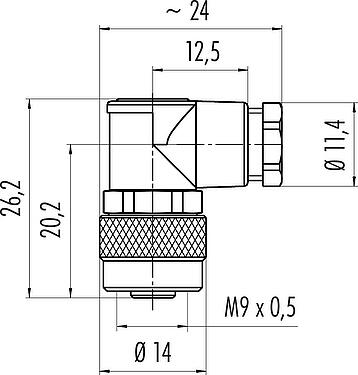 Scale drawing M9 Female angled connector, Contacts: 7, 3.5-5.0 mm, unshielded, solder, IP67