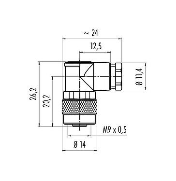 Scale drawing M9 Female angled connector, Contacts: 8, 3.5-5.0 mm, unshielded, solder, IP67