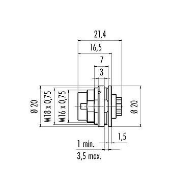 Scale drawing 09 0111 780 04 - M16 Male panel mount connector, Contacts: 4 (04-a), unshielded, crimping (Crimp contacts must be ordered separately), IP67, UL, front fastened