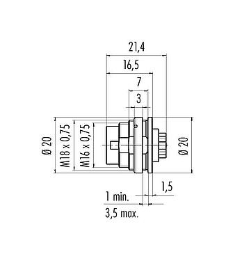 Scale drawing M16 Male panel mount connector, Contacts: 6 (06-a), unshielded, crimping (Crimp contacts must be ordered separately), IP67, UL 2238, M18x0,75, Rear mounting