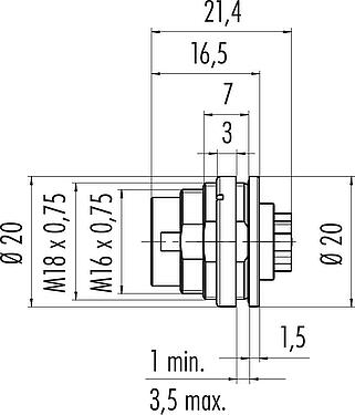 Dibujo a escala M16 Enchufe de brida, Número de contactos: 6 (06-a), sin blindaje, crimpado (los contactos de crimpado deben pedirse por separado), IP67, UL 2238, M18x0,75, Montaje en pared