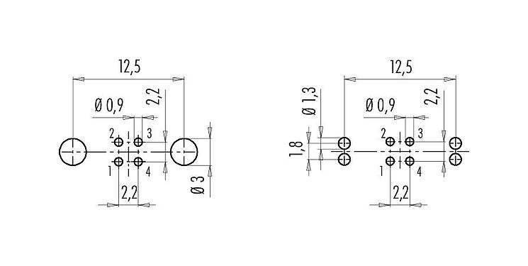 Conductor layout 09 0412 35 04 - M9 Female panel mount connector, Contacts: 4, shieldable, THT, IP67, front fastened