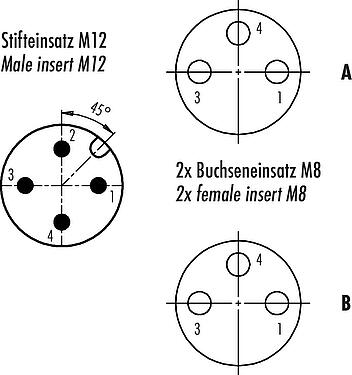 Contact arrangement (Plug-in side) M12/M8 Twin distributors, Y-distributor, male connector - 2 female connector, Contacts: 4/3, unshielded, pluggable, IP68, UL 2238