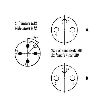 Disposition des contacts (Côté plug-in) M12/M8 Répartiteur double, Y-distributeur, mâle - 2 femelle, Contacts: 4/3, non blindé, enfichable, IP68, UL 2238