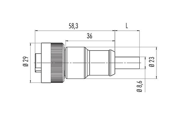 Scale drawing RD24 Female cable connector, Contacts: 6+PE, unshielded, moulded on the cable, IP67, PVC, black, 7 x 0.75 mm², 7 m