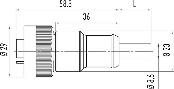 Scale drawing RD24 Female cable connector, Contacts: 6+PE, unshielded, moulded on the cable, IP67, PVC, black, 7 x 0.75 mm², 7 m
