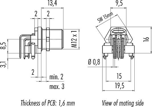 Scale drawing M12 Male angled panel mount connector, Contacts: 8, shieldable, THR, IP68, UL 2238, Rear mounting, for PCB assembly