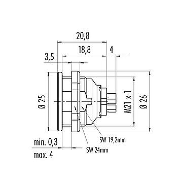 Scale drawing Push Pull Female panel mount connector, Contacts: 8, unshielded, solder, IP40, M21x1,0, Front mounting
