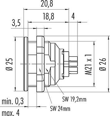 Dibujo a escala Push Pull Toma de brida, Número de contactos: 8, blindable, soldadura, IP67, M21x1,0, Montaje frontal
