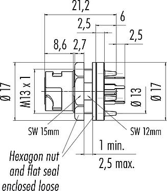 Scale drawing Bayonet Female panel mount connector, Contacts: 5, unshielded, THT, IP54 unplugged, M13x1,0, Rear mounting