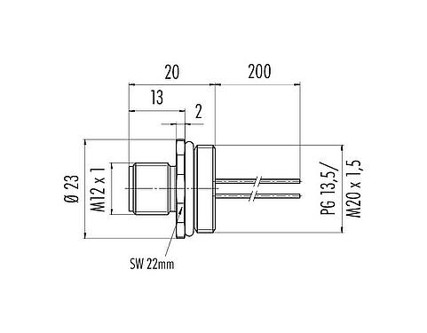 Scale drawing M12 Male panel mount connector, Contacts: 5, unshielded, single wires, IP68, UL 2238, PG 13.5, Front mounting, potted