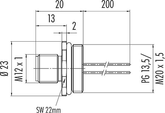 Scale drawing M12 Male panel mount connector, Contacts: 5, unshielded, single wires, IP68, UL 2238, M20x1.5, Front mounting, potted
