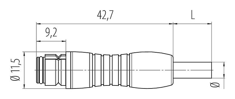Dibujo a escala Snap-In Conector de cable hembra, Número de contactos: 4, sin blindaje, moldeado en el cable, IP67, UL 2238, PUR, negro, 4 x 0,25 mm², 2 m