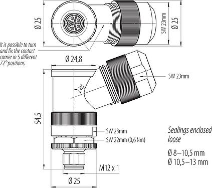 Dibujo a escala M12 Conector macho en ángulo, Número de contactos: 4+PE, 8,0-13,0 mm, sin blindaje, tornillo extraíble, IP67, UL 2237 en preparación, con conexión de PE