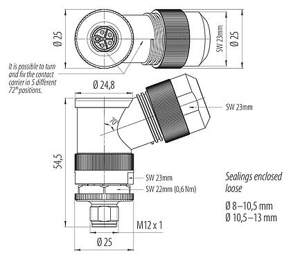 Dibujo a escala 99 0699 58 05 - M12 Conector macho en ángulo, Número de contactos: 4+PE, 8,0-13,0 mm, sin blindaje, tornillo extraíble, IP67, UL 2238