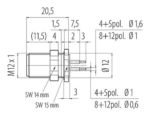 Scale drawing M12 Male panel mount connector, Contacts: 12, unshielded, THT, IP68, UL 2238, M12x1.0, Rear mounting, potted