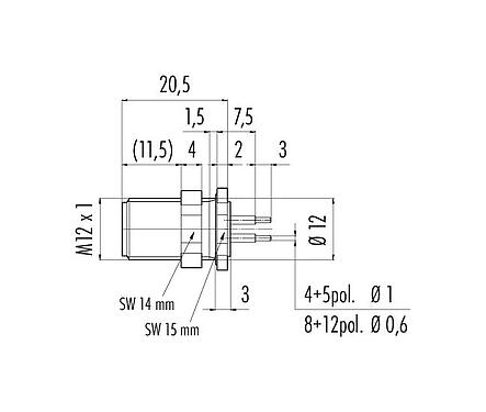 Scale drawing 86 1031 1100 00005 - M12 Male panel mount connector, Contacts: 5, unshielded, THT, IP68, UL, M12x1.0, front fastened