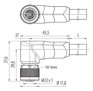 Dibujo a escala M12 Conector hembra en ángulo, Número de contactos: 4+FE, sin blindaje, moldeado en el cable, IP68, UL 2238, PUR, negro, 5 x 2,50 mm², 2 m