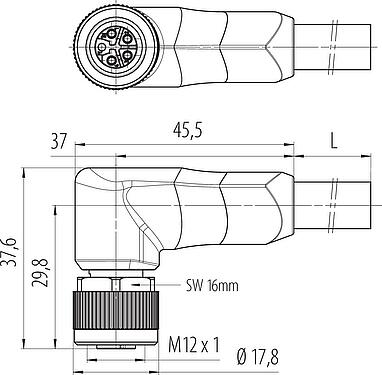 Dessin coté M12 Connecteur femelle coudé, Contacts: 4+FE, non blindé, surmoulé sur le câble, IP68, UL 2238, PUR, noir, 5 x 2,50 mm², 5 m