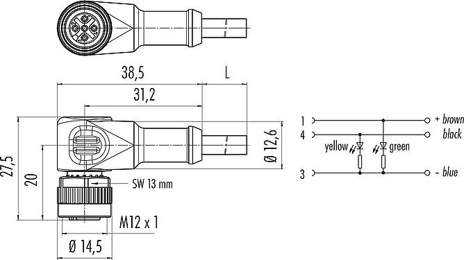 Dibujo a escala M12 Conector hembra en ángulo, Número de contactos: 3, sin blindaje, moldeado en el cable, IP68/IP69K, UL 2238, PUR, negro, 3 x 0,34 mm², con LED PNP, 5 m