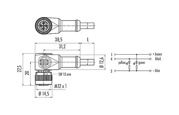 Dibujo a escala M12 Conector hembra en ángulo, Número de contactos: 3, sin blindaje, moldeado en el cable, IP68/IP69K, UL 2238, PVC, gris, 3 x 0,34 mm², con LED PNP, 5 m