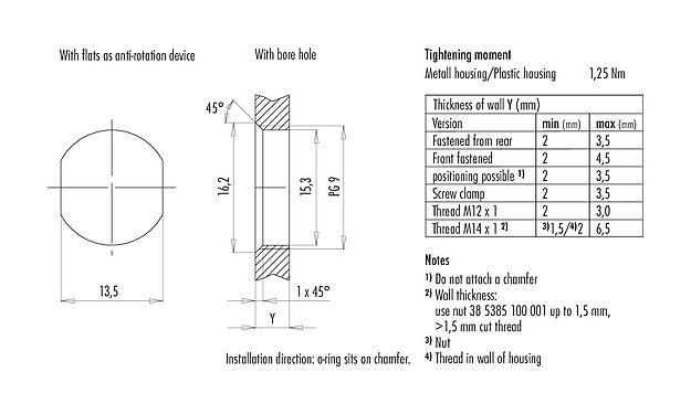 Assembly instructions / Panel cut-out 09 3432 433 04 - M12 Female panel mount connector, Contacts: 4, unshielded, single wires, IP68, UL, VDE, PG 9, for the power supply