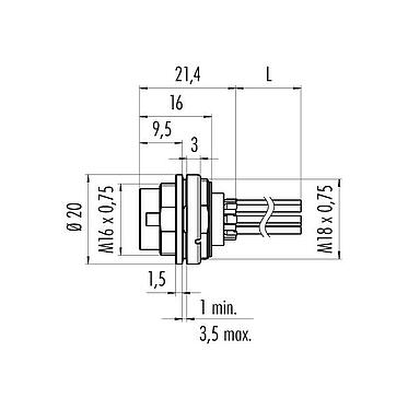 Scale drawing M16 Male panel mount connector, Contacts: 6 (06-a), unshielded, single wires, IP67, UL 2238, M18x0,75, Front mounting