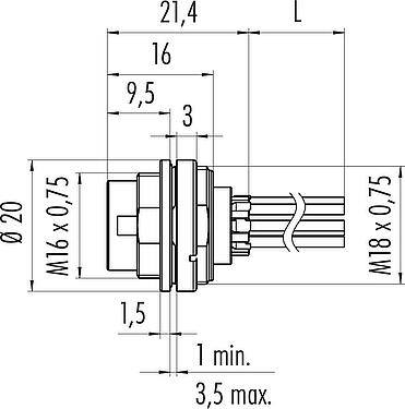 Dibujo a escala M16 Enchufe de brida, Número de contactos: 7 (07-a), sin blindaje, hilos, IP67, UL 2238, M18x0,75, Montaje frontal