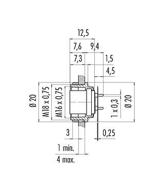 Scale drawing 09 0328 65 07 - M16 Female panel mount connector, Contacts: 7 (07-a), unshielded, THT, IP40, front fastened