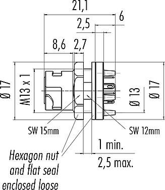 Scale drawing Bayonet Female panel mount connector, Contacts: 5, unshielded, solder, IP54 unplugged, M13x1,0, Rear mounting