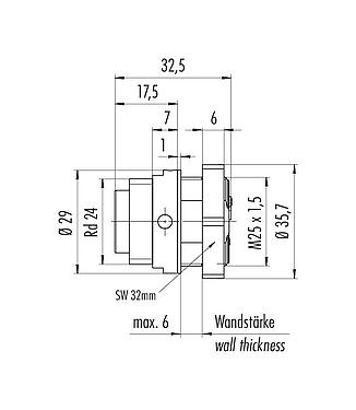 Scale drawing 09 4223 150 04 - RD24 Male panel mount connector, Contacts: 3+PE, unshielded, screw clamp, IP67, UL, ESTI+, VDE, central fixing