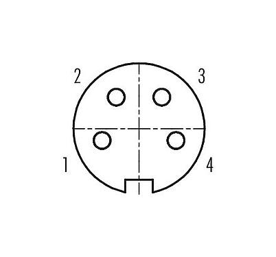 Disposición de los contactos (lado de la conexión) 99 5110 60 04 - M16 Conector de cable hembra, Número de contactos: 4 (04-a), 4,1-7,8 mm, blindable, soldadura, IP68, UL, Versión corta