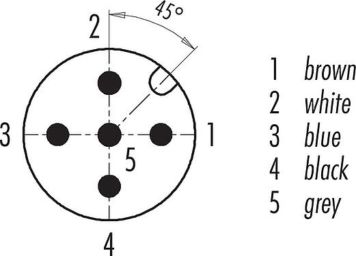 Disposition des contacts (Côté plug-in) M12 Connecteur mâle, Contacts: 5, non blindé, surmoulé sur le câble, IP68/IP69K, PUR, noir, 5 x 0,34 mm², pour les applications de soudage, 2 m
