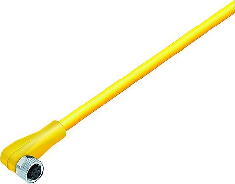 Illustration M8 Female angled connector, Contacts: 3, unshielded, moulded on the cable, IP67/IP69K, UL 2238, PLTC, TPE-E, yellow, 4 x AWG 22, 1 m