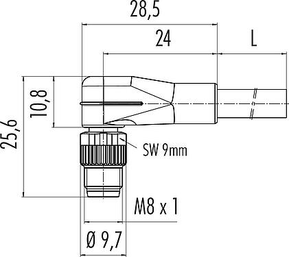 Scale drawing M8 Male angled connector, Contacts: 4, unshielded, moulded on the cable, IP67/IP69K, UL 2238, PUR, black, 4 x 0.34 mm², 2 m