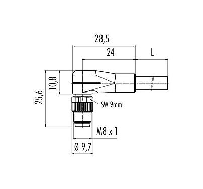 Scale drawing 77 3403 0000 20004-0200 - M8 Male angled connector, Contacts: 4, unshielded, moulded on the cable, IP67, UL, PVC, grey, 4 x 0.34 mm², 2 m