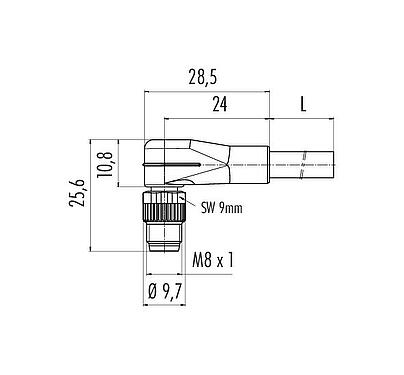 Dibujo a escala M8 Conector macho en ángulo, Número de contactos: 8, sin blindaje, moldeado en el cable, IP67, UL 2238, PVC, gris, 8 x 0,25 mm², 2 m
