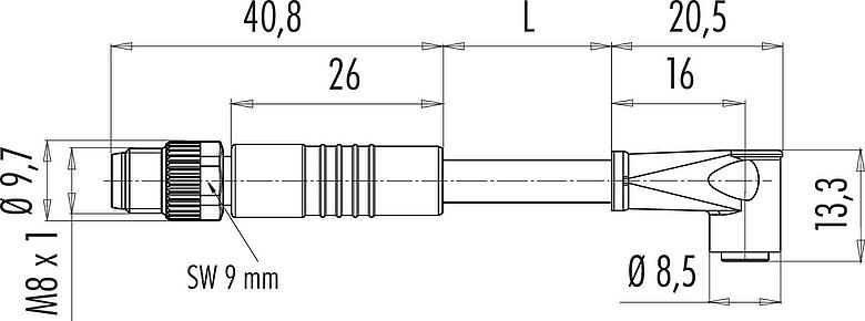 Scale drawing M8 Male cable connector - female angled connector, Contacts: 4, unshielded, moulded on the cable, IP65, PUR, black, 4 x 0.25 mm², 1 m