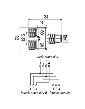 Scale drawing M8 Twin distributors, Y-distributor, male connector - 2 female connector, Contacts: 4/3, unshielded, pluggable, IP68, UL 2238