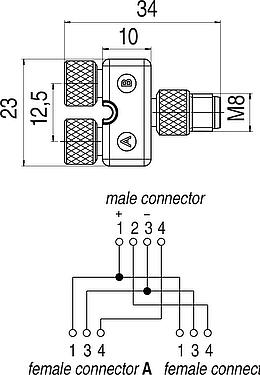 Scale drawing M8 Twin distributors, Y-distributor, male connector - 2 female connector, Contacts: 4/3, unshielded, pluggable, IP68, UL 2238