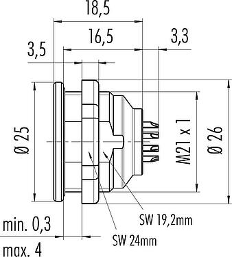 Dessin coté Push Pull Embase mâle, Contacts: 14, non blindé, souder, IP67, M21x1,0, Montage frontal